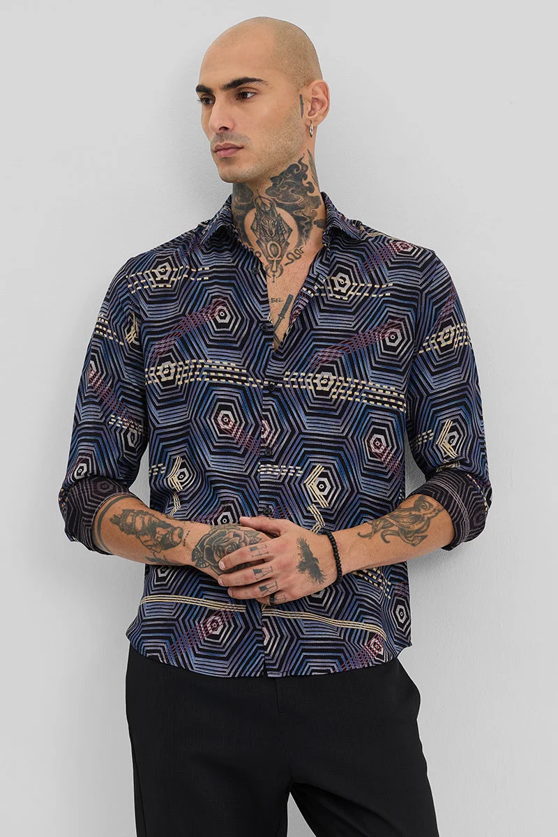 سنيتش Blue Geometric Slim Fit Shirt
